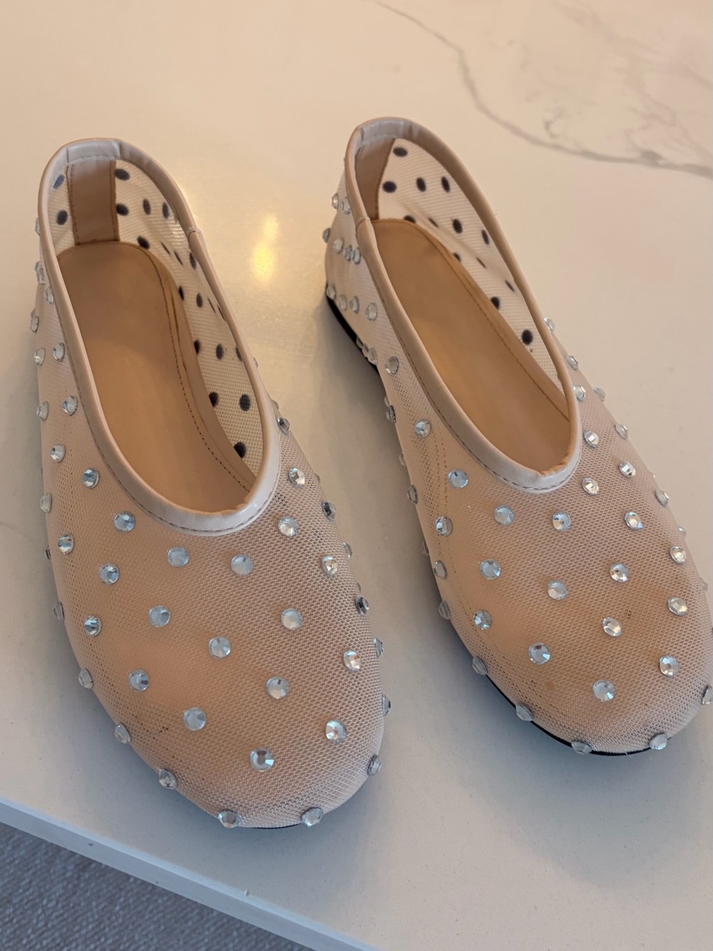 Women’s Nude Crystal-Embellished Mesh Flats 35